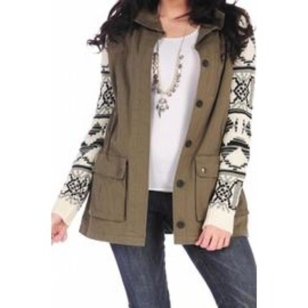 Vintage Havanah Olive Green & Ivory Cargo Sweater Utility Jacket Size Medium
